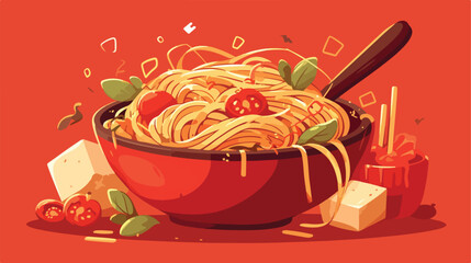 Fast food pasta dish or spaghetti. vector image wit - obrazy, fototapety, plakaty