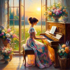 An impasto oil painting of a dark-haired woman wearing a bright summer dress playing a piano.
