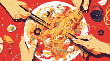 Fast food pasta dish or spaghetti. vector image wit - obrazy, fototapety, plakaty