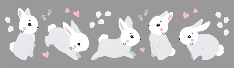 Bunny illustration, cute rabbit, hare. Gray, white, pink set of cutie animal portrait in pastel colors. Stickers, wall art, kids room decoration, easter