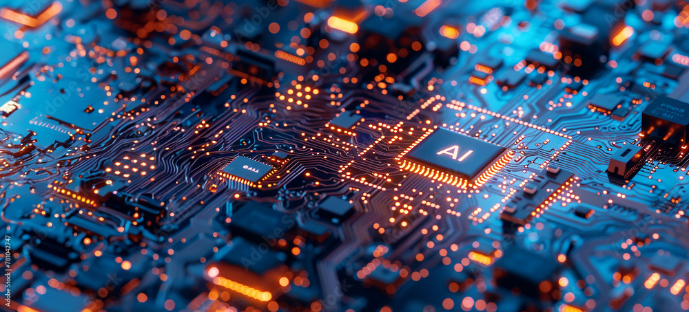 Poster a computer motherboard with a state-of-the-art ai processor. ai generative.