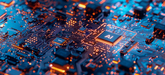 A computer motherboard with a state-of-the-art AI processor. AI generative.