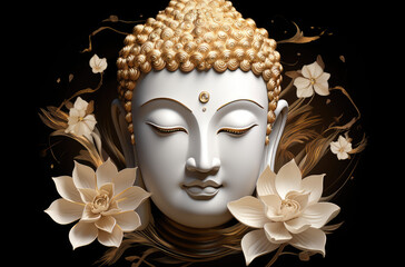 Glowing golden buddha face decorated with white and gold lotus flowers