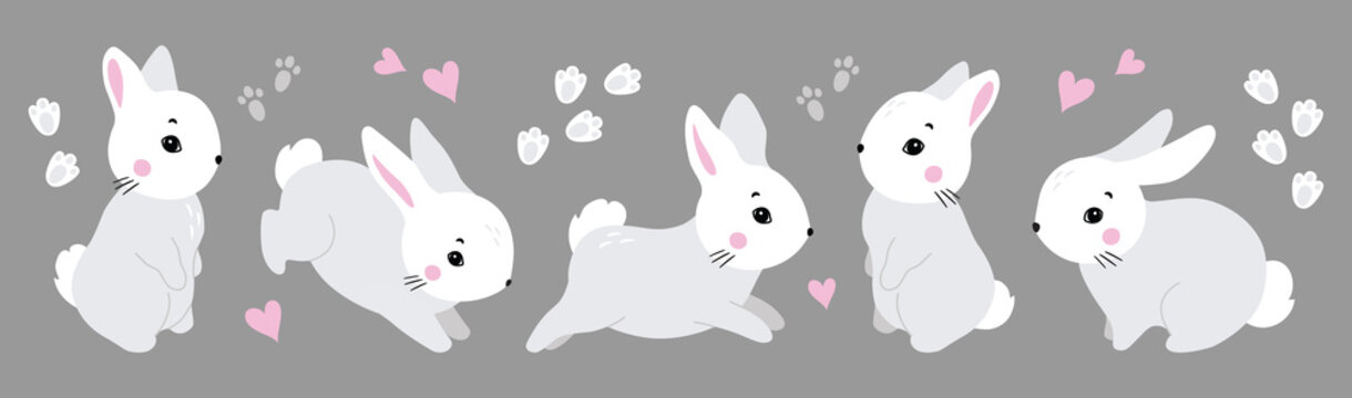 Naklejki Bunny illustration, cute rabbit, hare. Gray, white, pink set of cutie animal portrait in pastel colors. Stickers, wall art, kids room decoration, easter