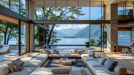Fototapeta premium Modern Lakeside Living Room with Panoramic Mountain View