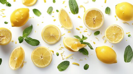 Fresh flying lemons and mint leaves isolated on white background. Generative AI.