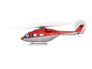 Flying red helicopter. side view. isolated