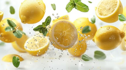 Fresh flying lemons and mint leaves isolated on white background. Generative AI.