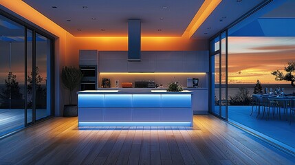 LED strip lighting in an L-shaped kitchen design. Generative AI.