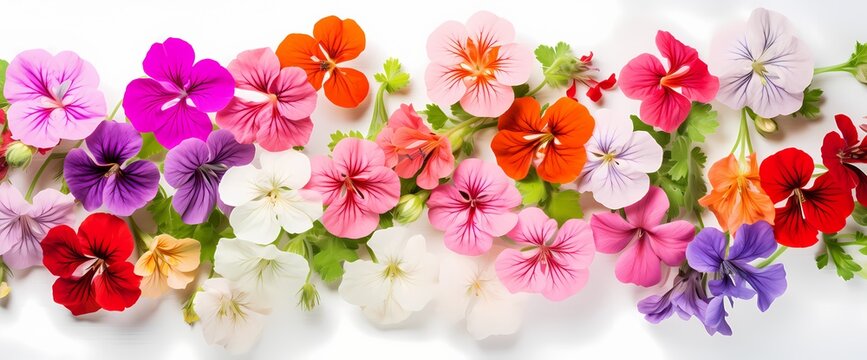 Bright and cheerful top view of assorted geranium flowers with a plain backdrop, ideal for text insertion.