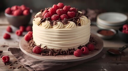A classic red velvet birthday cake layered with cream cheese frosting and garnished with chocolate shavings and fresh raspberries