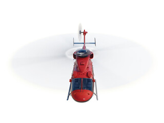 Flying red helicopter. perspective front view. isolated
