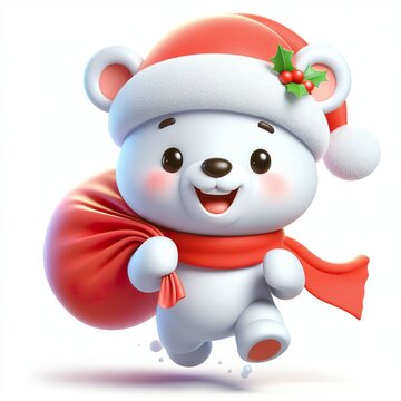 Cute character 3D image of a christmas snow bear running with the bag, funny, happy, smile, white background