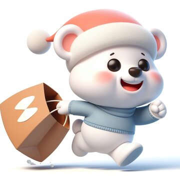Cute character 3D image of a christmas snow bear running with the bag, funny, happy, smile, white background