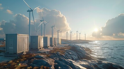 Many wind power and new energy storage cabinets are located on the coast. Generative AI. - obrazy, fototapety, plakaty