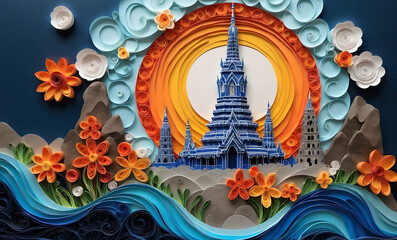 Fototapeta premium create a 3d paper art craft of a wat arun Iight emanating from the wat arun windows and top beacon