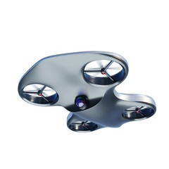 A silver metal drone in flight. perspective bottom view, isolated