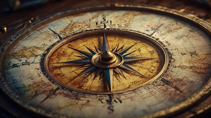 old compass on old paper : Retro Navigation Tools on Aged Cartography