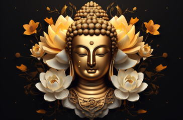 Fototapeta premium Glowing golden buddha face decorated with white and gold lotus flowers