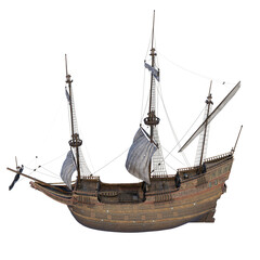 old wooden sailing ship isolated. perspective rear side view