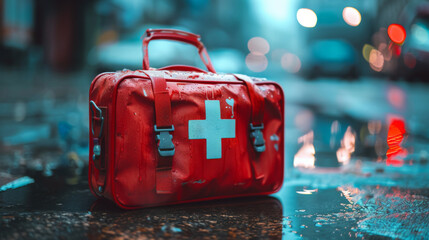 A red first aid kit with a white cross is placed on a wet city street, reflecting the blurred lights of the evening.