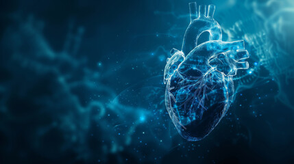 An intricate digital illustration of a human heart, with glowing blue lines and particles, set against a DNA helix backdrop.