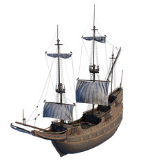 old wooden sailing ship isolated. erspective top view