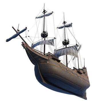 old wooden sailing ship isolated. Perspective and bottom view.