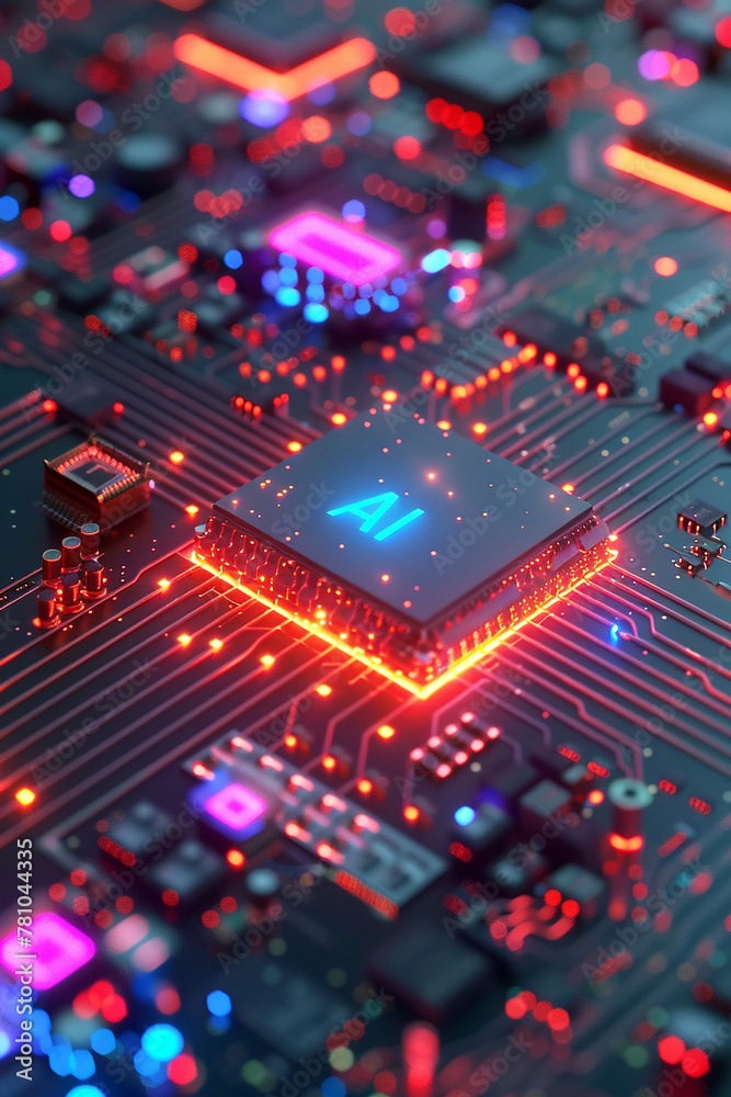 Poster a computer motherboard with a state-of-the-art ai processor. ai generative.