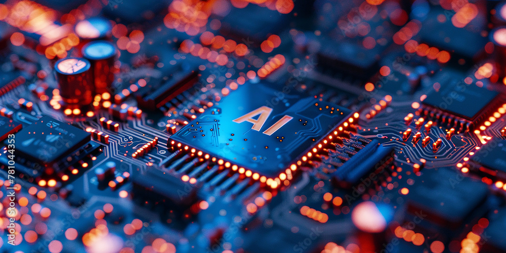 Poster a computer motherboard with a state-of-the-art ai processor. ai generative.