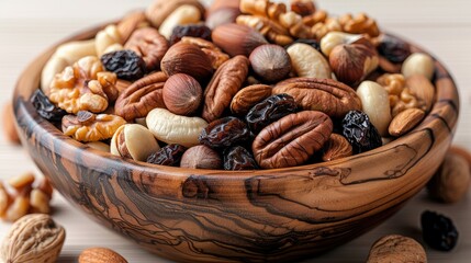 Mix of various nuts and raisins, bowl, wood bowl, Isolated on White Background. Generative AI.