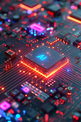 Obraz premium A computer motherboard with a state-of-the-art AI processor. AI generative.