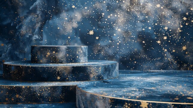 A dreamy podium embellished with a mesmerizing starry night pattern evoking a sense of wonder and adventure as the stars seem to lead . .