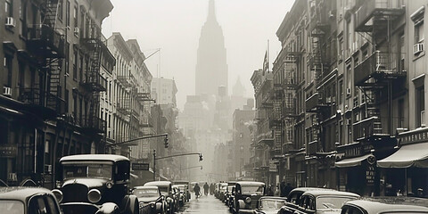 Streets and premises of a large city in the 1920s , 1930s.  and 1940. AI generative.