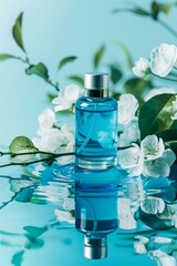 Serene Spa Setting With Blue Glass Bottle and White Blossoms on Water Surface