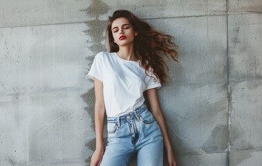 Young Woman in Casual Attire Leaning Against a Concrete Wall on a Sunny Day