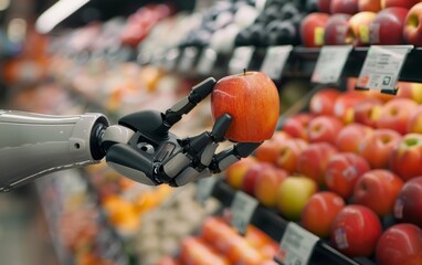 A robotic arm is shown carefully grasping a ripe apple from a display of fruit in a grocery store