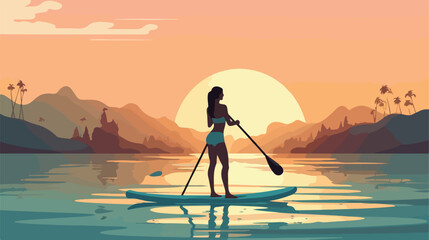 Female silhouette on stand up paddle board. SUP. Te - obrazy, fototapety, plakaty