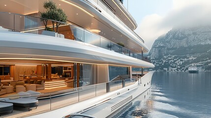Exterior of a super yacht with multiple terraces, ultra decorated, simple elegance, luxurious, minimalist, aesthetic. Generative AI.