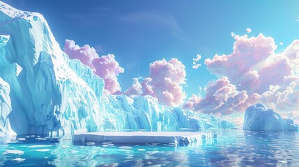 3D animation of melting glaciers, a stark yet whimsical look at climate change, vivid colors - obrazy, fototapety, plakaty