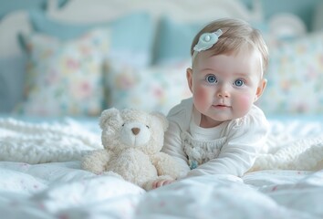 Smiling Baby With Blue Eyes Next to a Brown Teddy Bear on a Soft Bed