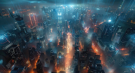 Night view, looking down from an airplane perspective, the bustling Cyber City. Generative AI.