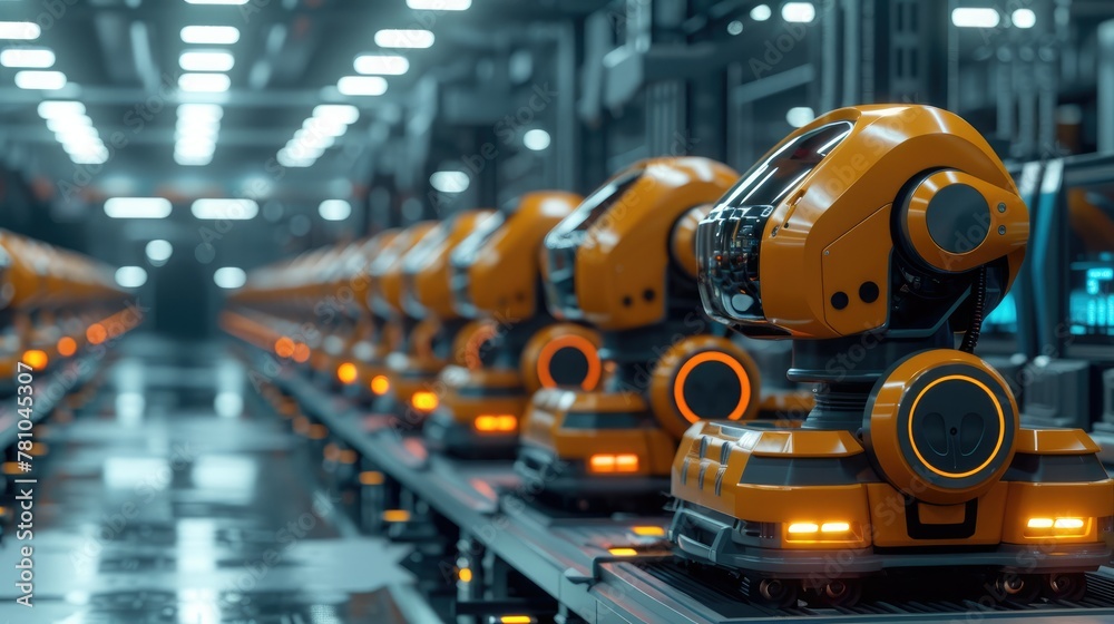 Aufkleber Future technology production lines, rows of highly technological robotic arms with automatic transportation robots on the ground. Generative AI.