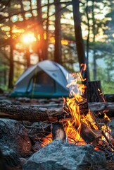 Tranquil Sunset Campfire Scene in a Dense Pine Forest