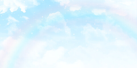 Fantastic soft white clouds against blue sky. Beautiful rainbow sky background.
