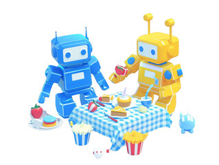 Fototapeta premium Two robots are sitting at a table with food and drinks
