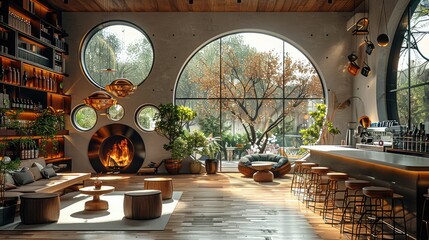 Indoor coffee shop with bar and fireplace with view to glass circular windows, bar. Generative AI. - obrazy, fototapety, plakaty