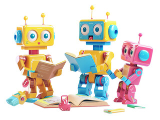 Three robots are sitting around a book, with one of them reading the book