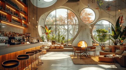 Indoor coffee shop with bar and fireplace with view to glass circular windows, bar. Generative AI.
