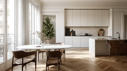 A modern kitchen in a apartment with marble worktops and herringbone parquet flooring , in the middle of the room, a dining room, wooden floor , chairs, table, window , curtains